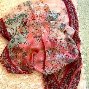Paisley floral Silk scarf raspberry pink , teal , silver, perfect condition